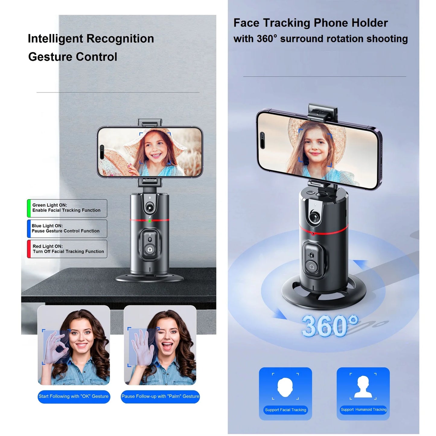 Support Smartphone Auto-Tracking 360° Suivi Intelligent & Commande Gestuelle